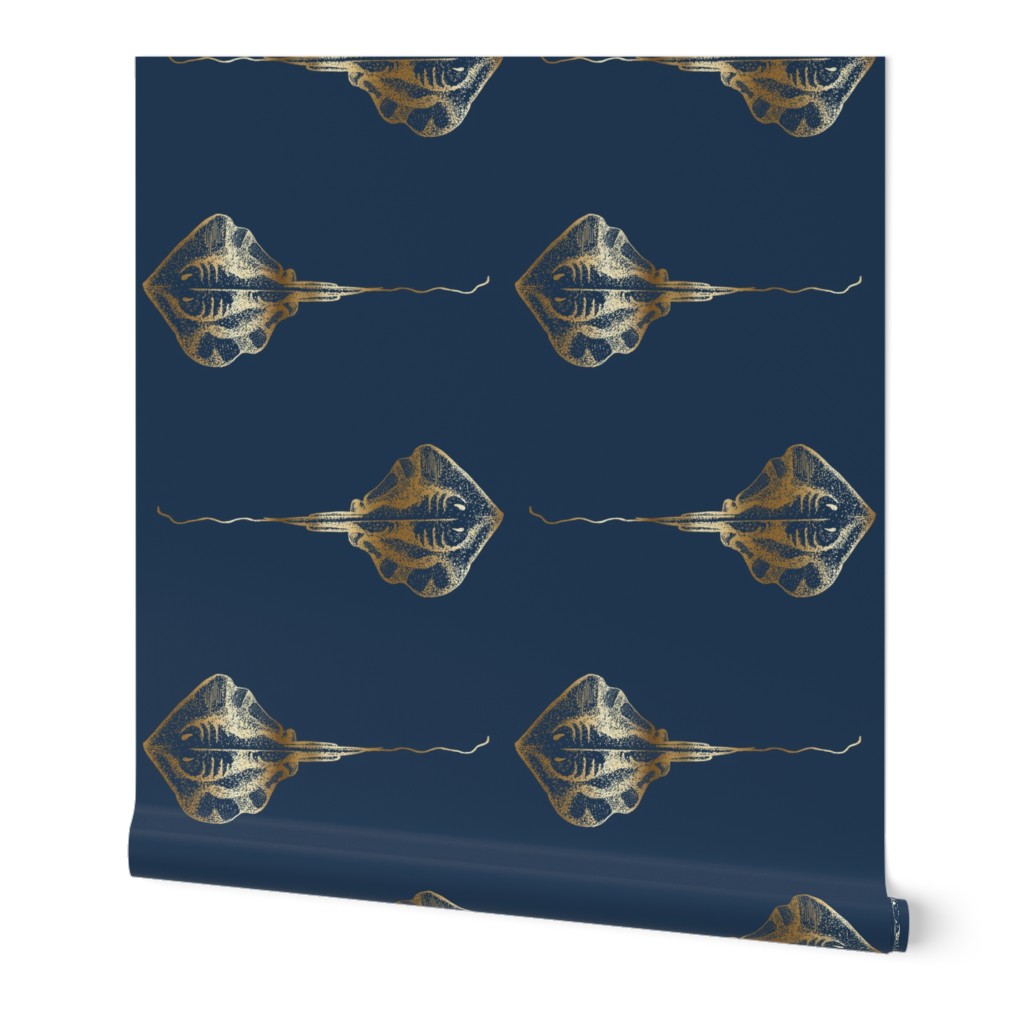 Stingray Stingrays Gold on Navy Wallpaper Powder Room Boys Room Man Cave Office Wallpaper