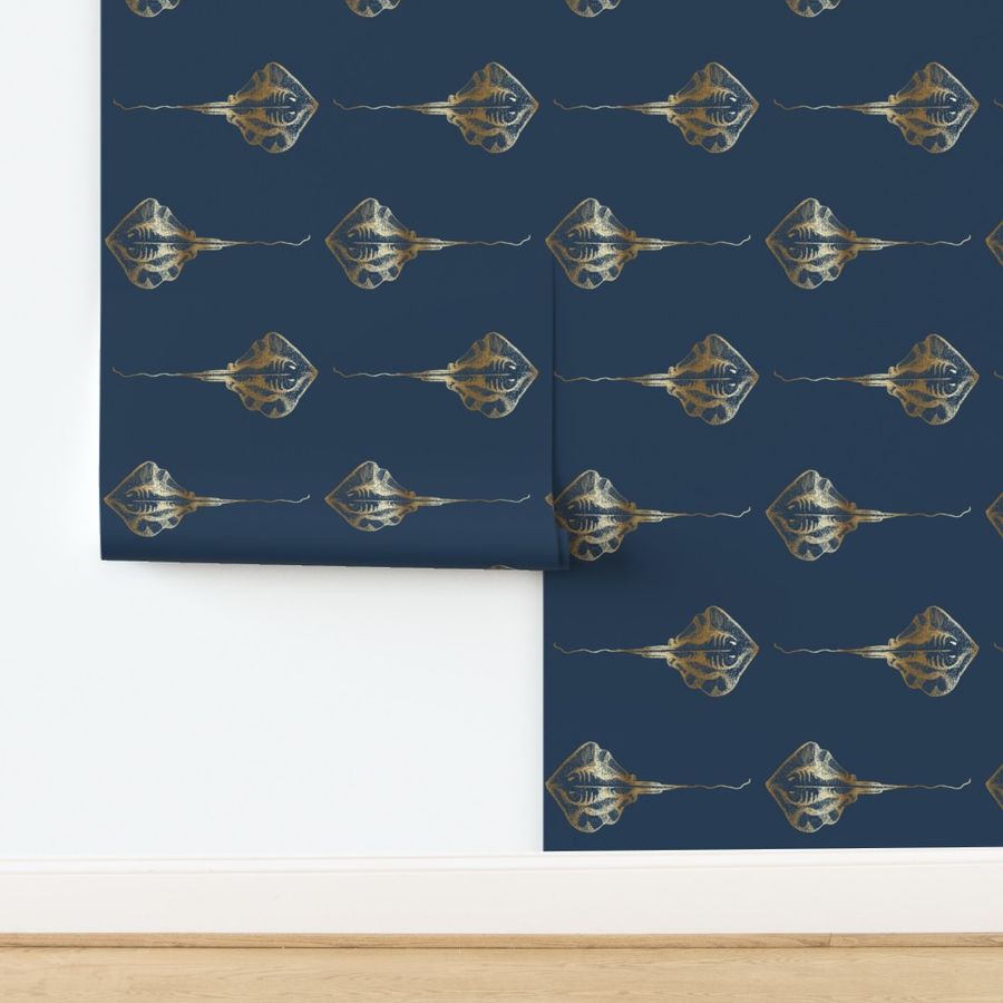 Stingray Stingrays Gold on Navy Wallpaper Powder Room Boys Room Man Cave Office Wallpaper