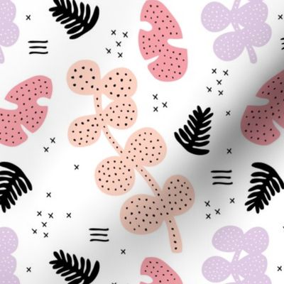 Tropical summer garden petals and leaves memphis geometric pastel style blush pink lilac