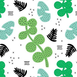 Tropical summer garden gender neutral petals and leaves memphis geometric pastel style green mint blue