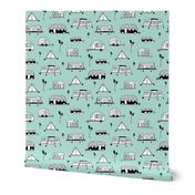 Cool summer camping mint tent caravan and camper van illustration vacation design