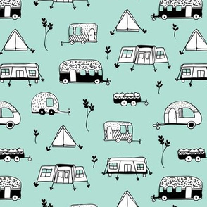 Cool summer camping mint tent caravan and camper van illustration vacation design