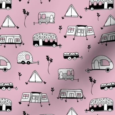 Cool summer camping lilac tent caravan and camper van illustration vacation design