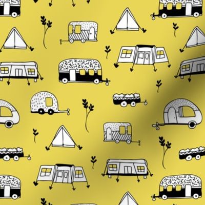 Cool summer camping yellow tent caravan and camper van illustration vacation design