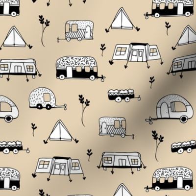 Cool summer camping beige tent caravan and camper van illustration vacation design