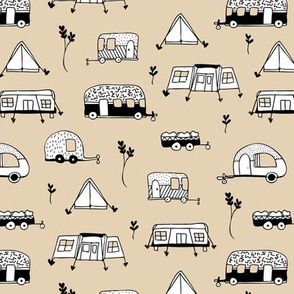 Cool summer camping beige tent caravan and camper van illustration vacation design