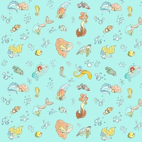 Mermaid Print small repeat blue background