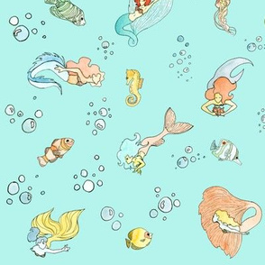 Mermaid Print large repeat blue background