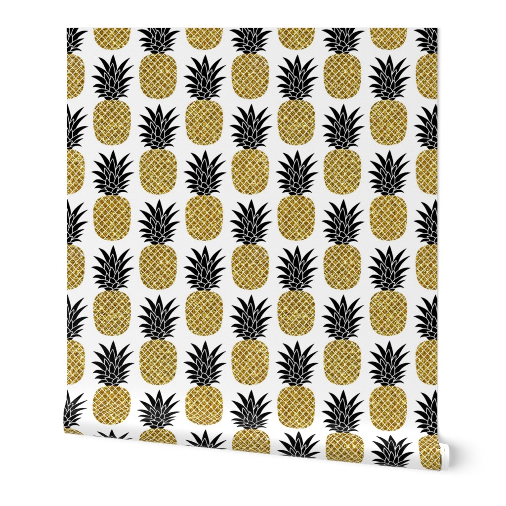 gold glitter pineapples – black and gold on white, small. pineapples faux gold imitation tropical white background hot summer fruits shimmering metal effect texture fabric wallpaper giftwrap