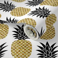 gold glitter pineapples – black and gold on white, small. pineapples faux gold imitation tropical white background hot summer fruits shimmering metal effect texture fabric wallpaper giftwrap