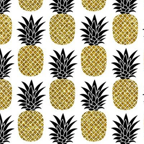 gold glitter pineapples – black and gold on white, small. pineapples faux gold imitation tropical white background hot summer fruits shimmering metal effect texture fabric wallpaper giftwrap