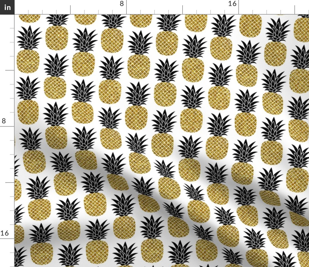 gold glitter pineapples – black and gold on white, small. pineapples faux gold imitation tropical white background hot summer fruits shimmering metal effect texture fabric wallpaper giftwrap