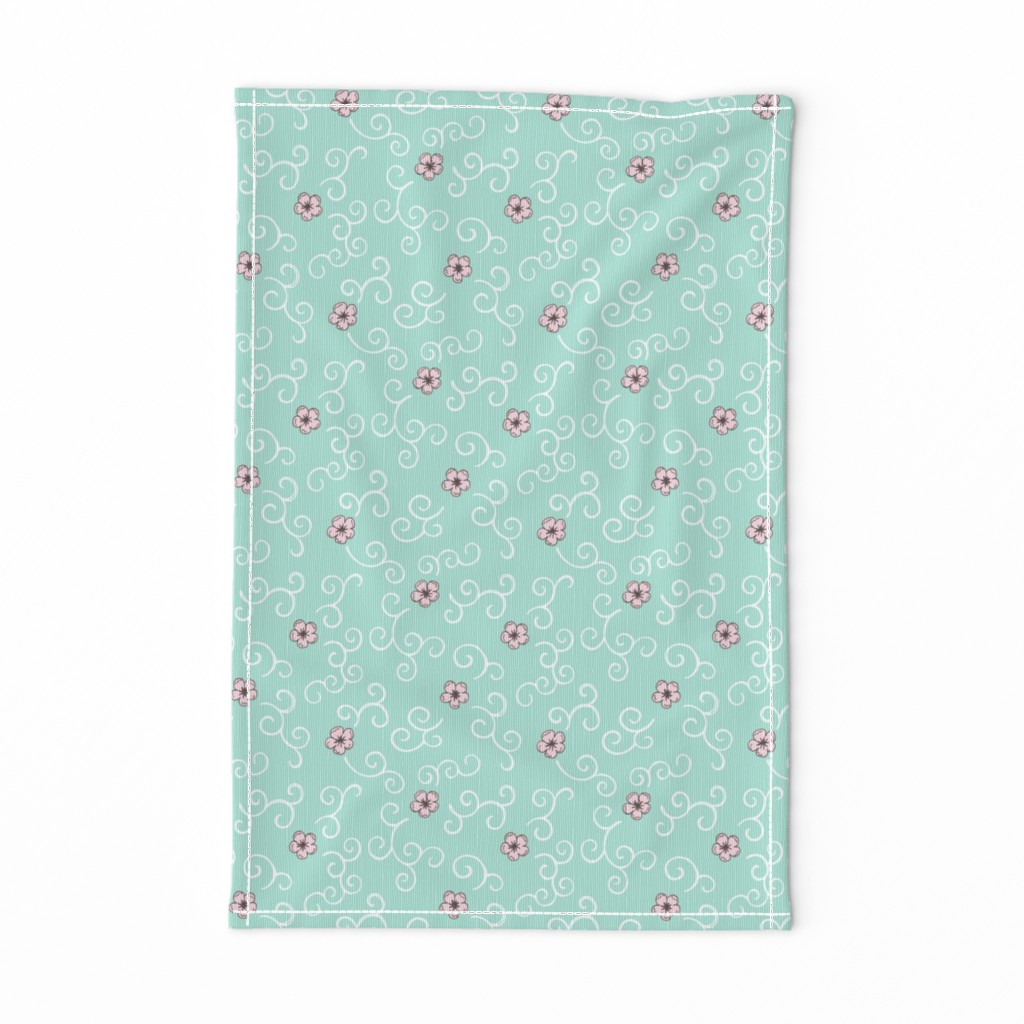 Cherry Blossom and Swirls - turquoise