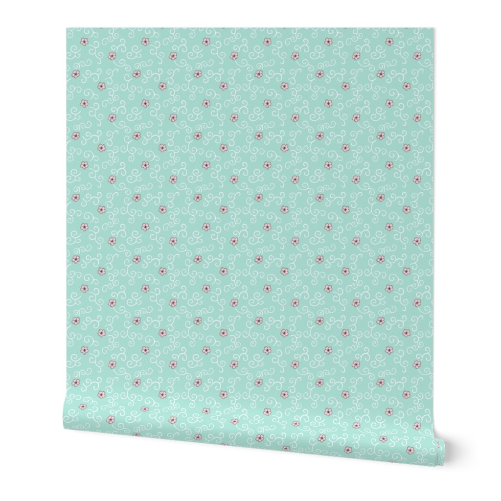 Cherry Blossom and Swirls - turquoise