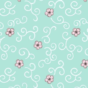 Cherry Blossom and Swirls - turquoise