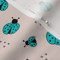 Lovely little Scandinavian style lady bugs cute insects for summer kids fabric blue beige