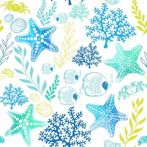 Undersea Treasures - Blue on White