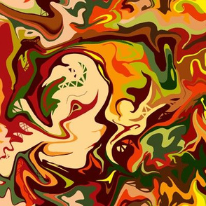 BN11 -  MED - Abstract Marbled Mystery in  Orange - Yellow - Browns - Rust - Beige - Greens
