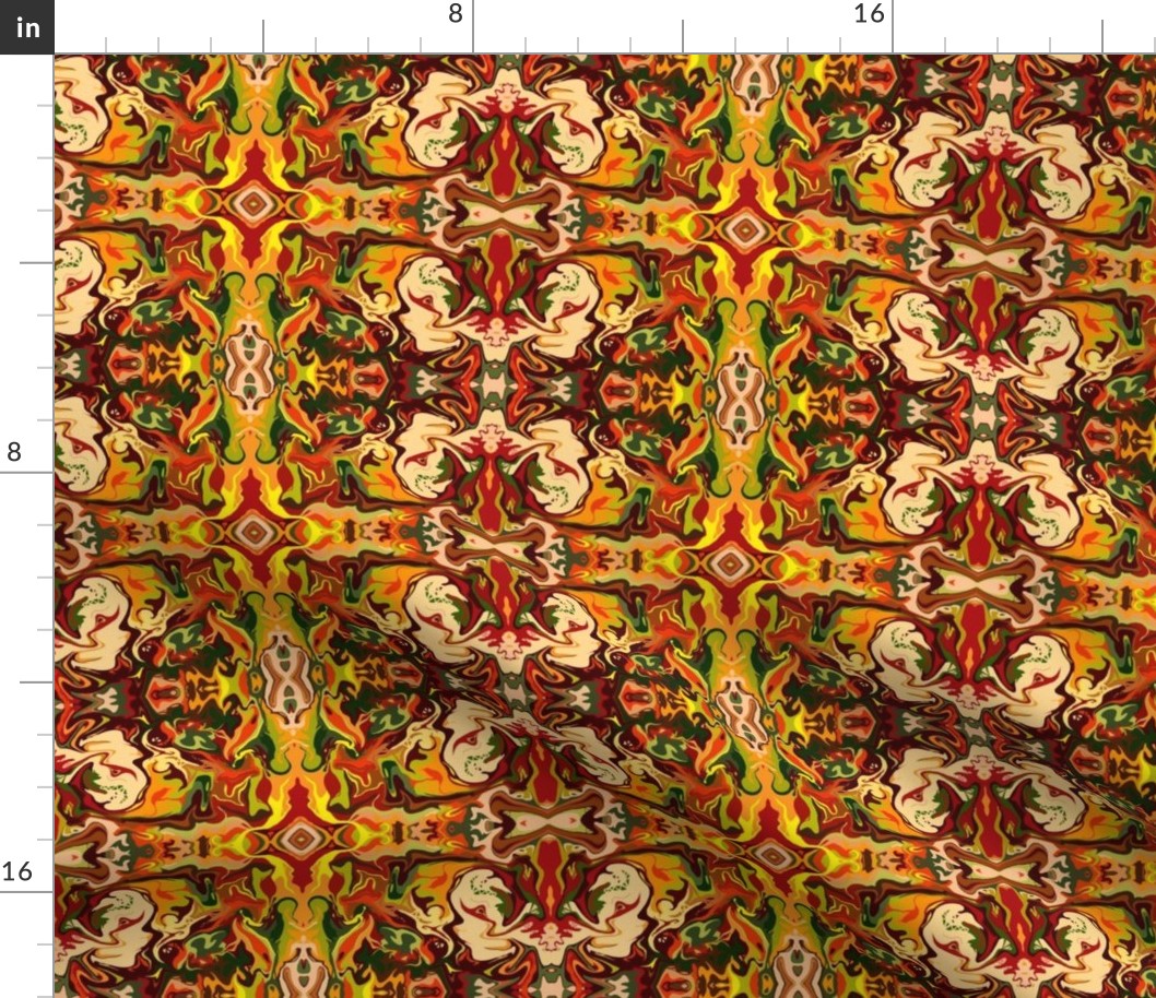 BN11-SM -  Marbled Mystery Tapestry in Orange - Rusty Brown - Green - Yellow 