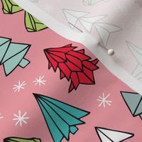 Christmas trees and origami decoration stars seasonal geometric december holiday design pink multi color
