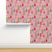 Christmas trees and origami decoration stars seasonal geometric december holiday design pink multi color