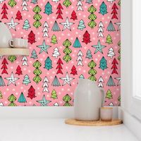 Christmas trees and origami decoration stars seasonal geometric december holiday design pink multi color