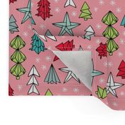 Christmas trees and origami decoration stars seasonal geometric december holiday design pink multi color