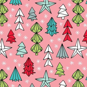 Christmas trees and origami decoration stars seasonal geometric december holiday design pink multi color