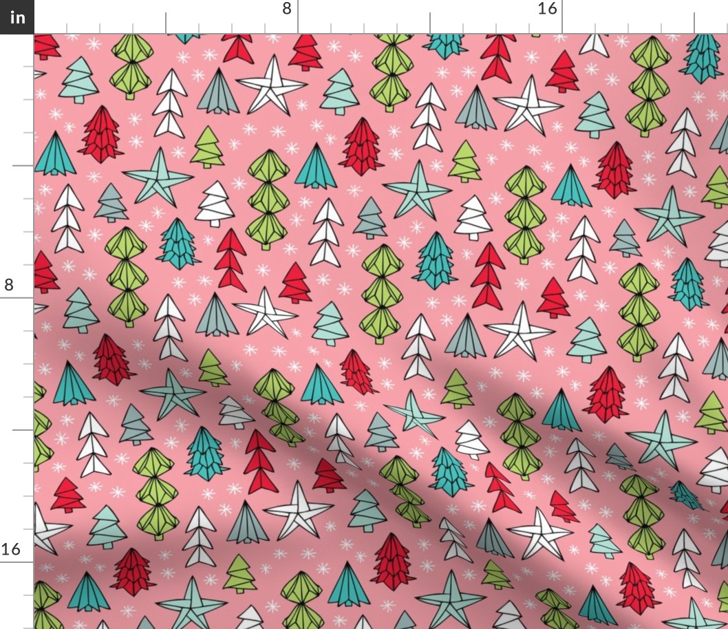 Christmas trees and origami decoration stars seasonal geometric december holiday design pink multi color