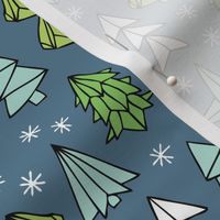 Christmas trees and origami decoration stars seasonal geometric december holiday design green blue night