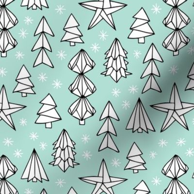 Christmas trees and origami decoration stars seasonal geometric december holiday design mint blue