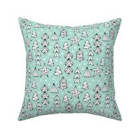 Christmas trees and origami decoration stars seasonal geometric december holiday design mint blue