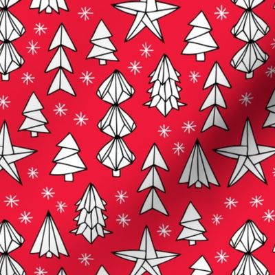Christmas trees and origami decoration stars seasonal geometric december holiday design pink
