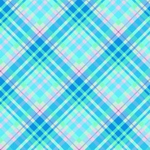 Large - Fairies Dance in the Rain Diagonal Plaid in Blue - Green - Pink