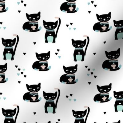 Kitty black cat cute love cats fabric mint blue