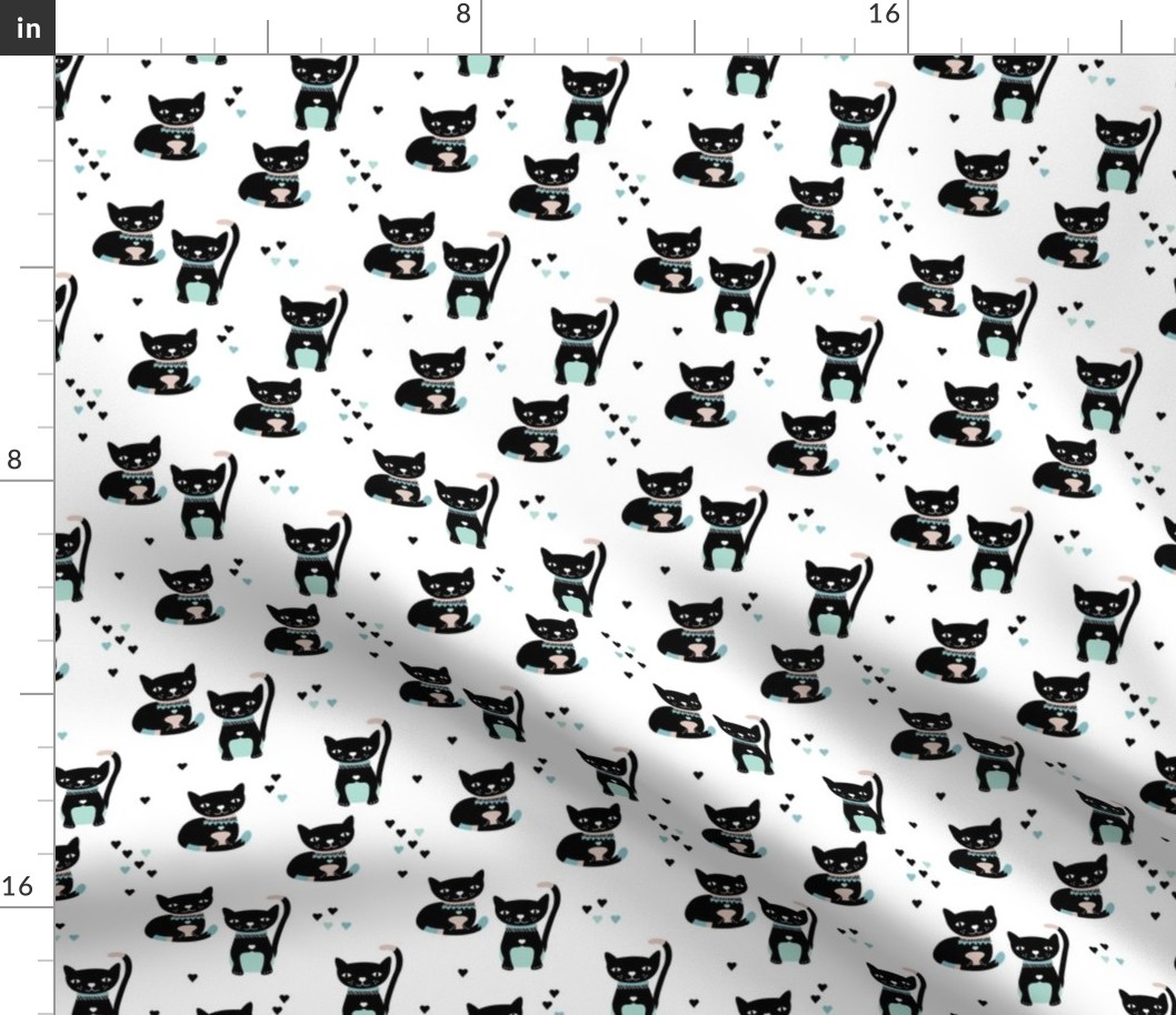 Kitty black cat cute love cats fabric mint blue