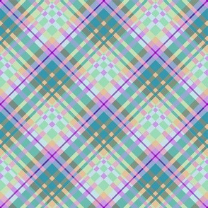 Large - Summer Day Diagonal  Plaid in Pastel in  Green - Lilac - Orange