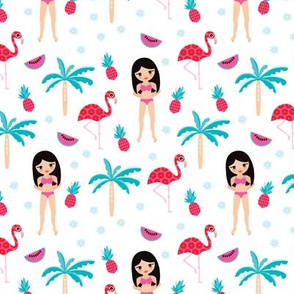 Cute hawaii summer bikini surf girls palm tres and pineapple kids fabric pink blue