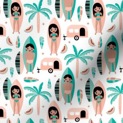 Summer surf sessions cool tropical palm tree vacation happy camper fabric mint blue