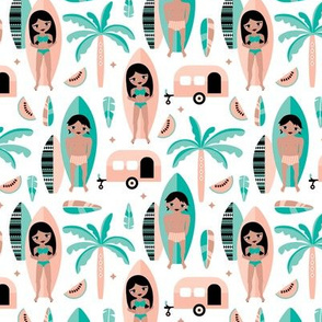 Summer surf sessions cool tropical palm tree vacation happy camper fabric mint blue