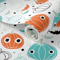 Halloween pumpkin and bats illustration ids fabric blue orange 