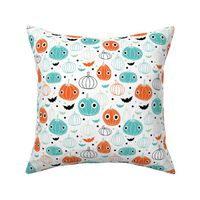 Halloween pumpkin and bats illustration ids fabric blue orange 