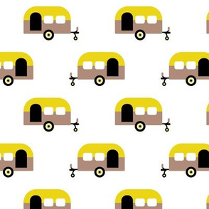 Super cool dutch caravan travel theme summer vacation time in europe fabric mustard yellow