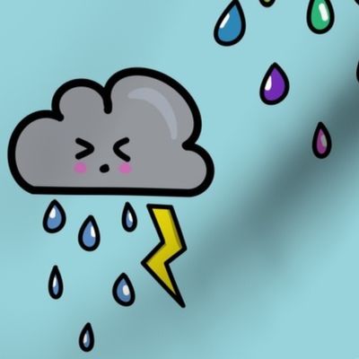 Girly  Rainbow cloud with bow and gray storm cloud  tooting a lightning bolt 