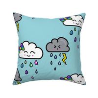 Girly  Rainbow cloud with bow and gray storm cloud  tooting a lightning bolt 