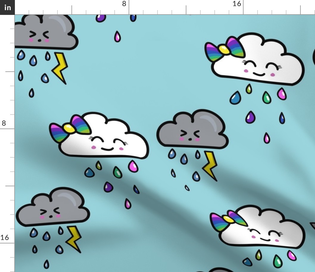 Girly  Rainbow cloud with bow and gray storm cloud  tooting a lightning bolt 