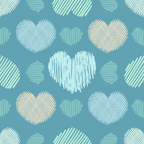 Doodle hearts on teal background