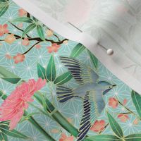 Bamboo, Birds and Blossoms on soft blue - extra small