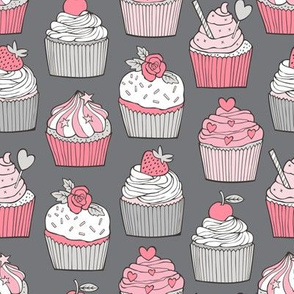 Cupcakes with strawberry,cherries,flower&hearts Pink on Grey