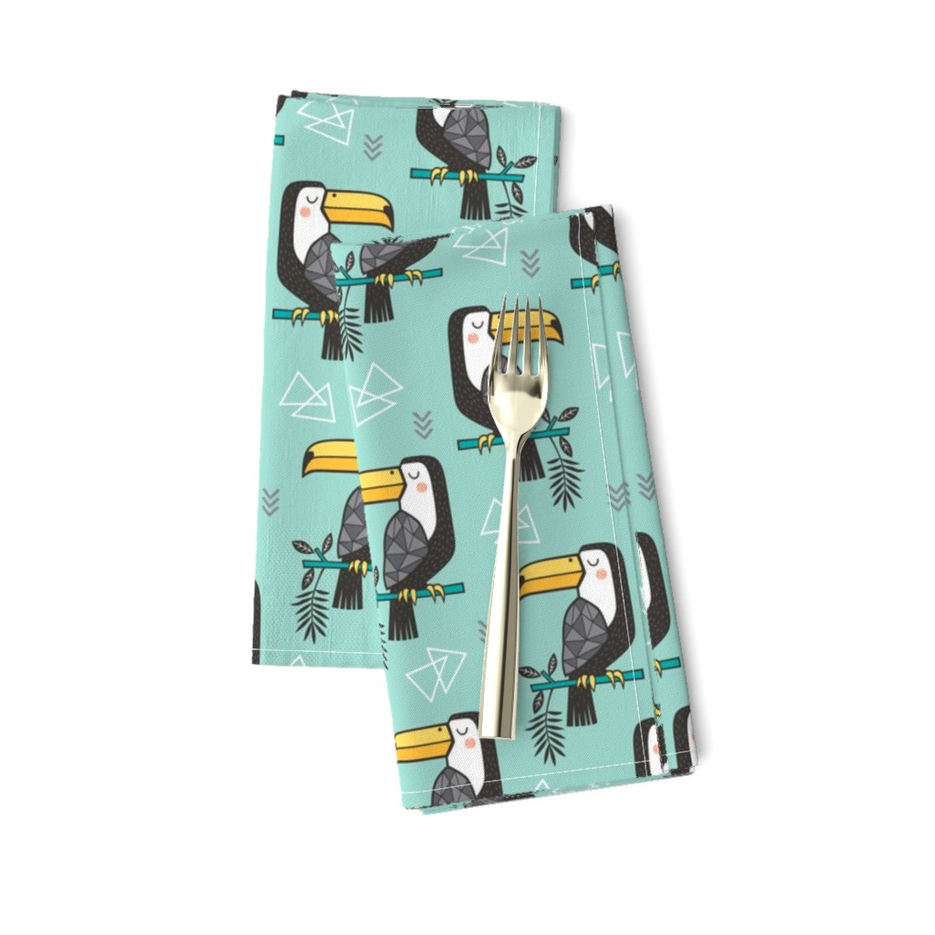 Toucan Bird Tropical Geometric Triangles on Mint Green